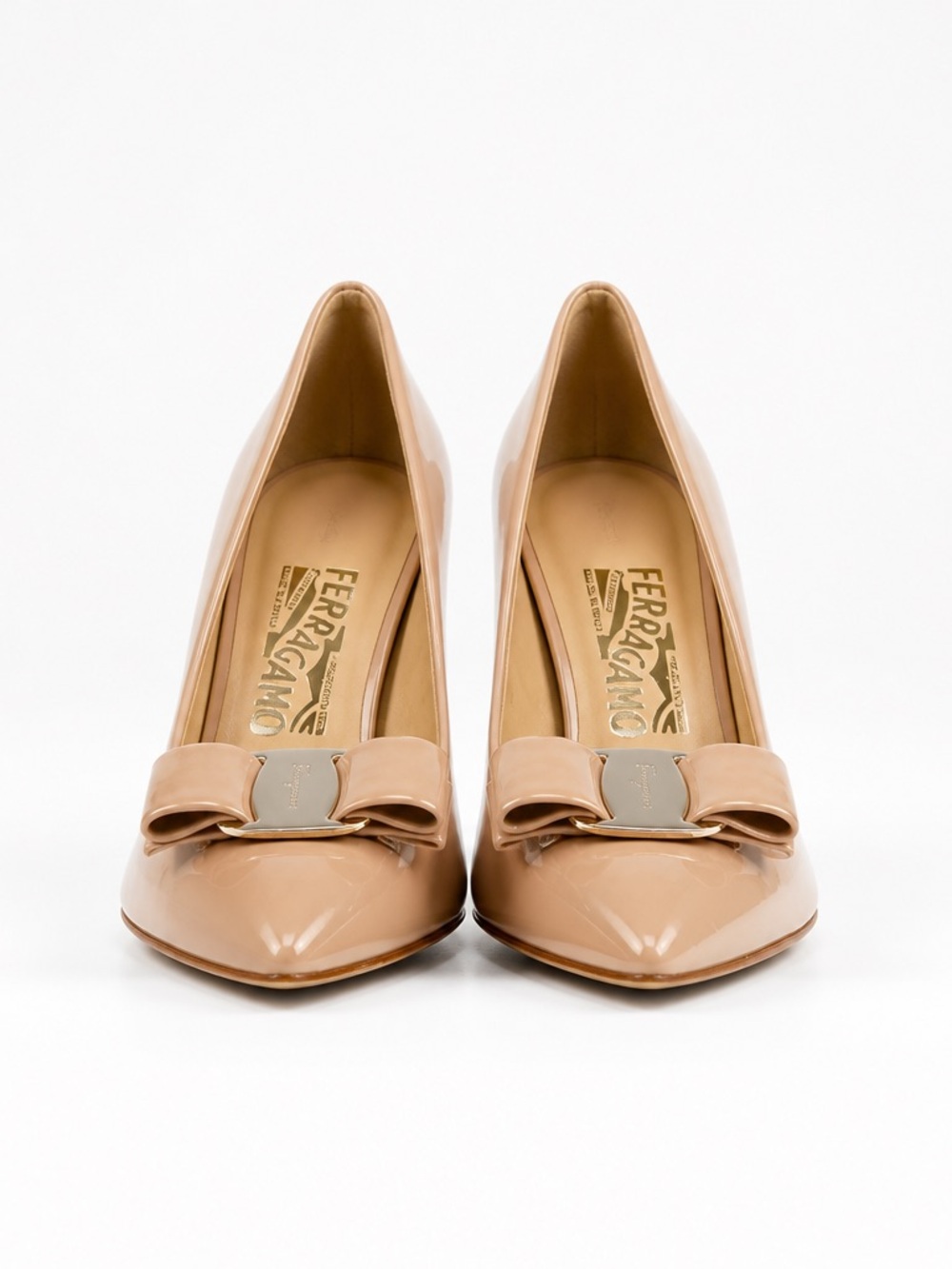 Salvatore Ferragamo Patent Leather Beige Vara Bow Pumps